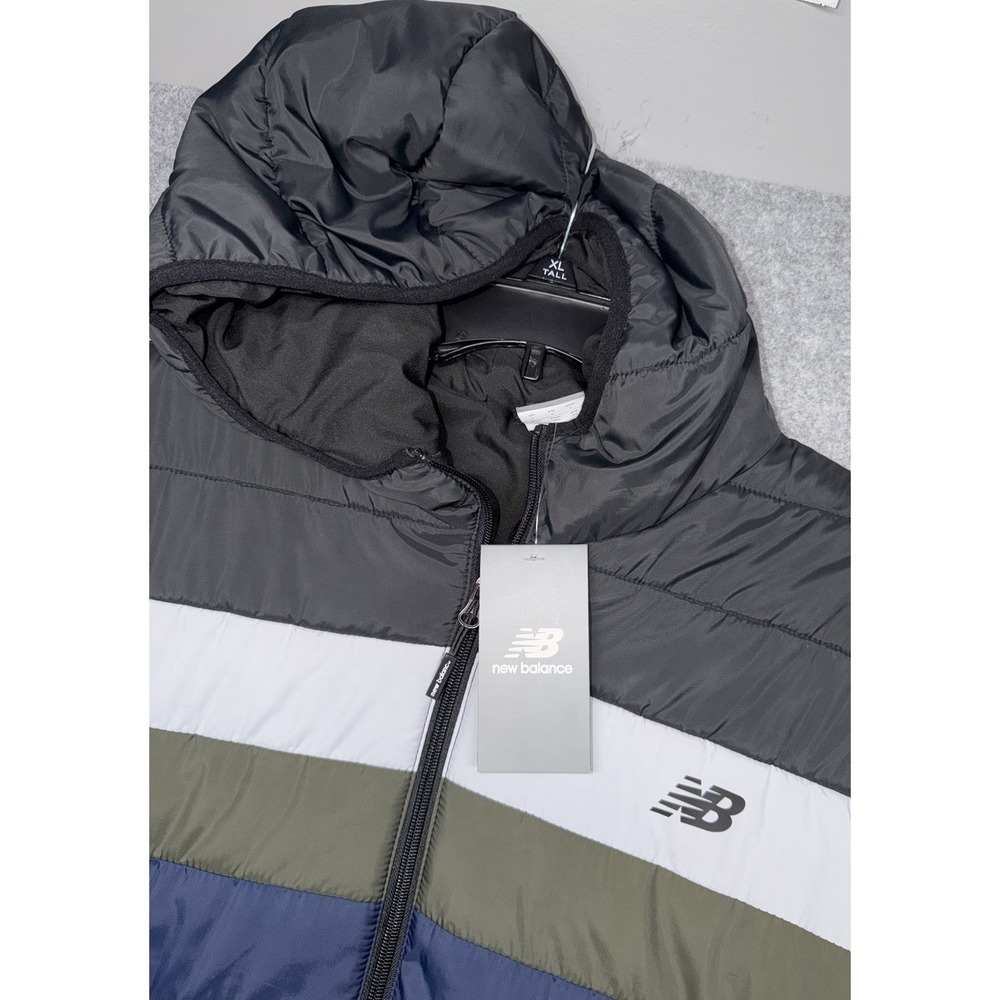 New Balance Mens Large Full Zip Lightweight Black Hooded Puffer Jacket Coat